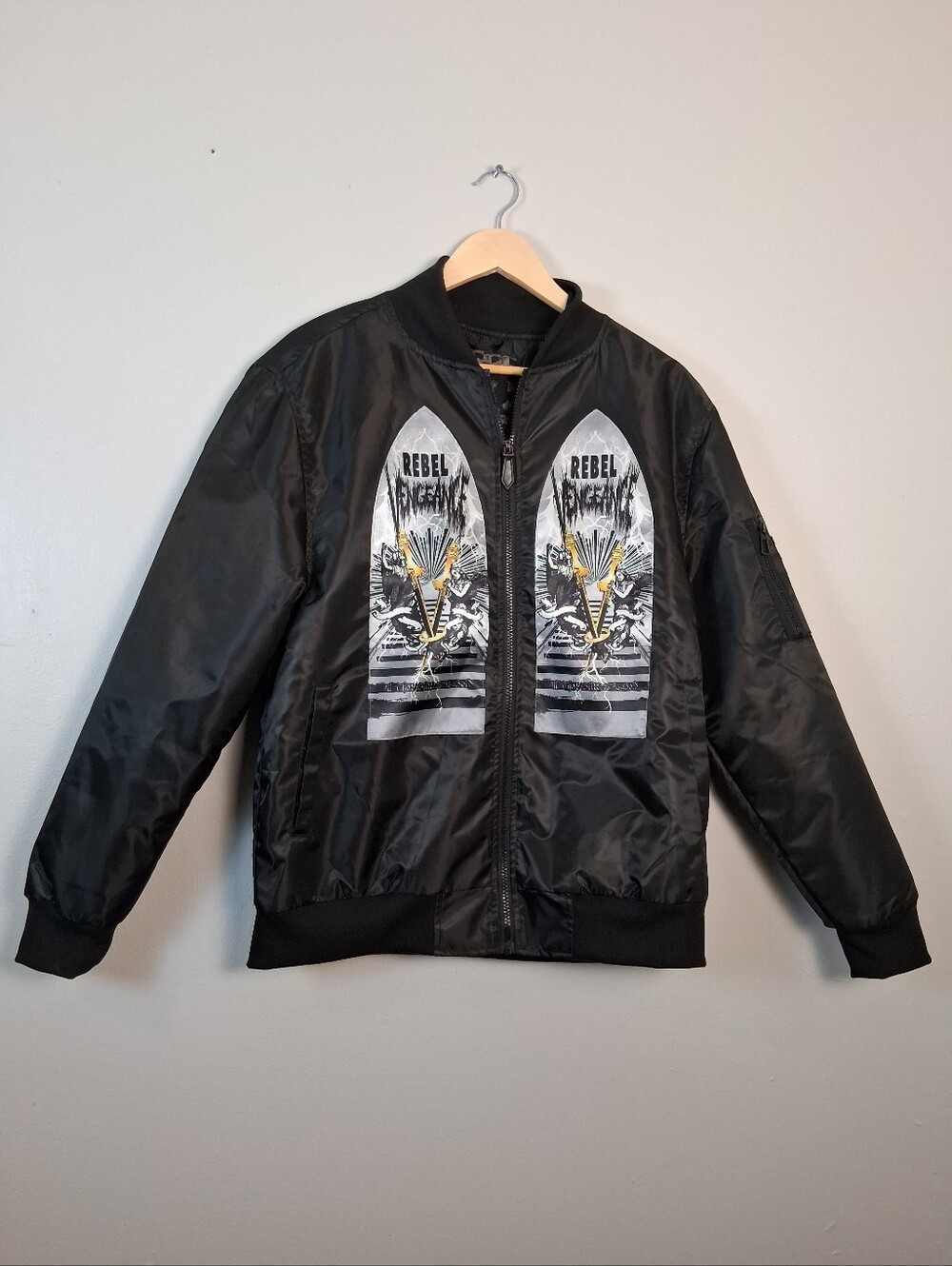Rebel Vengeance Gothic Bomber Jacket Black Mens Medium Alt Grunge Graph